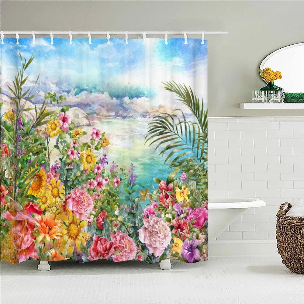 Romantic Retro Blooming Flowers Shower Curtain Garden Bath Curtains Waterproof Polyester Bathroom Shower Curtains Set with Hooks