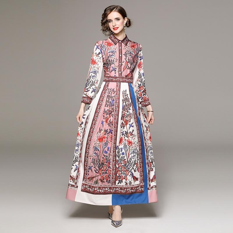 Primavera otoño Vintage marca diseñador estampado vestido de pasarela mujeres cuello de solapa largo Maxi vestidos de fiesta casuales