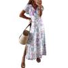 Women Summer Floral Dress Short Sleeve Beach Dress With Pockets Casual V-Neck Split Long T-Shirt Dress Travel Vacation