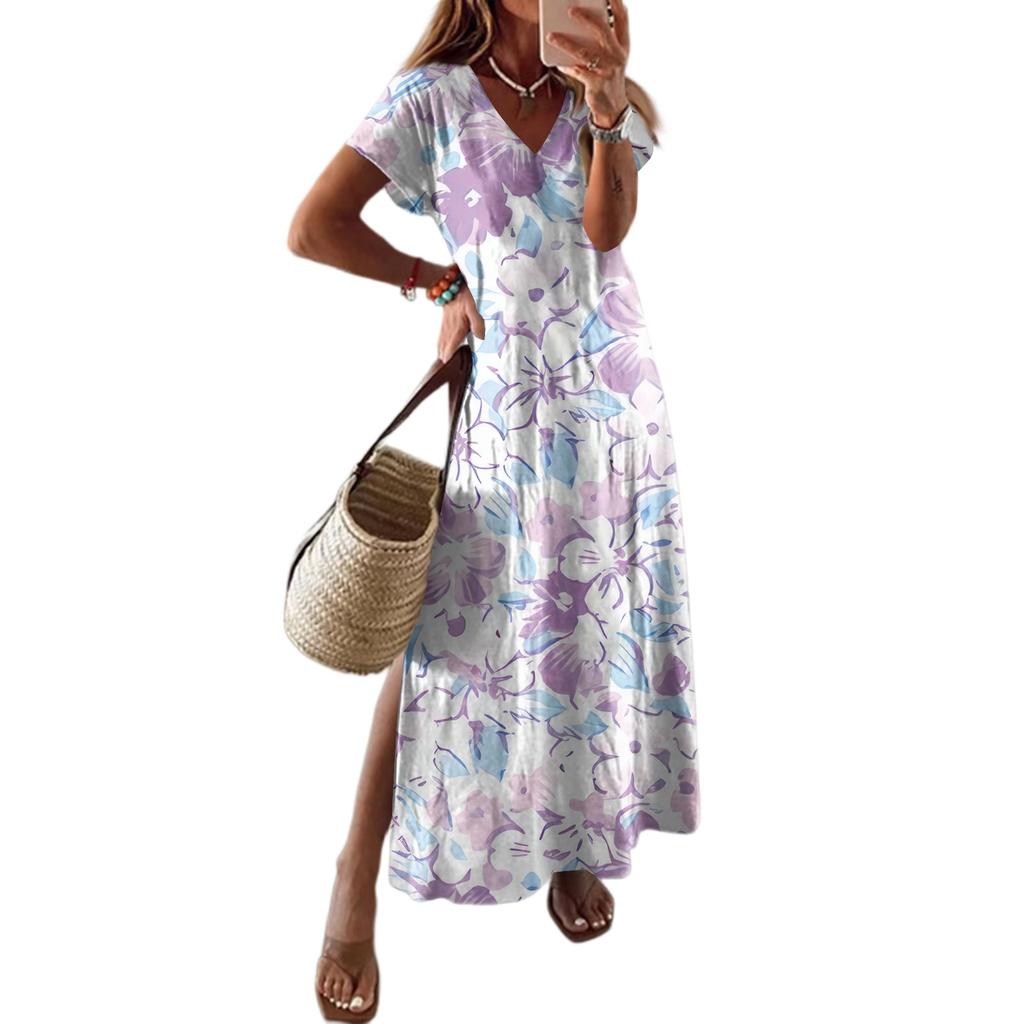 Women Summer Floral Dress Short Sleeve Beach Dress With Pockets Casual V-Neck Split Long T-Shirt Dress Travel Vacation