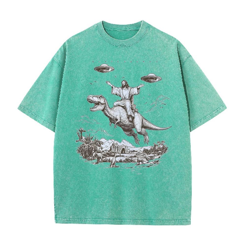 Vintage Washed Distressed T Shirt Cartoon Dinosaur Print Unisex Short Sleeve Tee Streetwear Student Vacation Tops