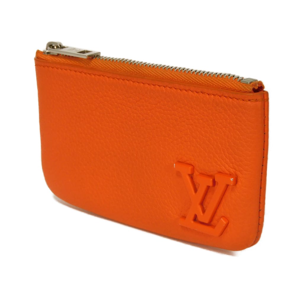 Used LV logo calfskin key ring with aerogram pattern, Volcano Orange, 12564 card key holder pochette cle M81032 7943
