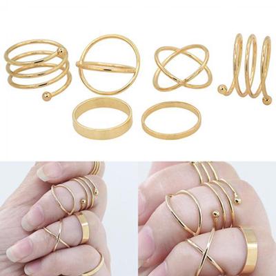 6 Teile/satz Frauen Goldenen Ton Stapel Plain Slim Band Midi Ring Spirale Knöchel Ringe