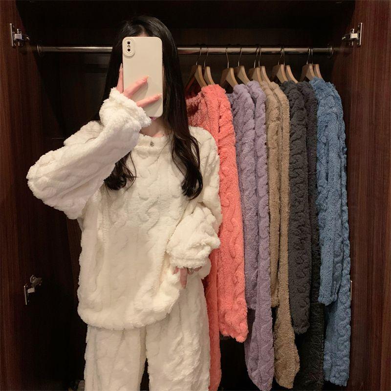Women's Cable Knit Coral Fleece Warm Pajama Set for Autumn/Winter