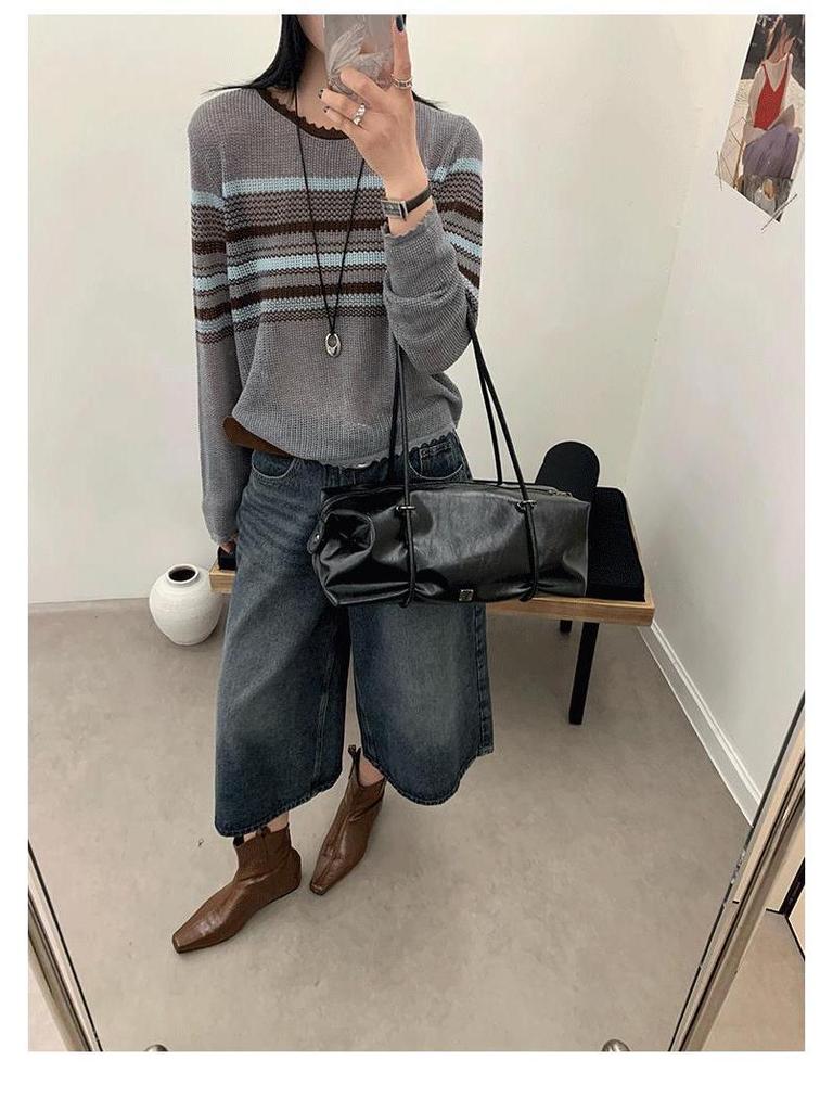 Chic Korean-Style Striped Knit Sweater for Women - 2025 Long Sleeve Hollow Out Top