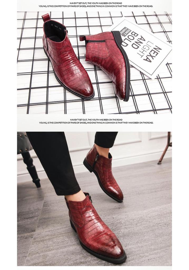 Plus Size Men's High Top Leather Chelsea Boots with Zipper and Brogue Design, Pointed Toe Martin Style.