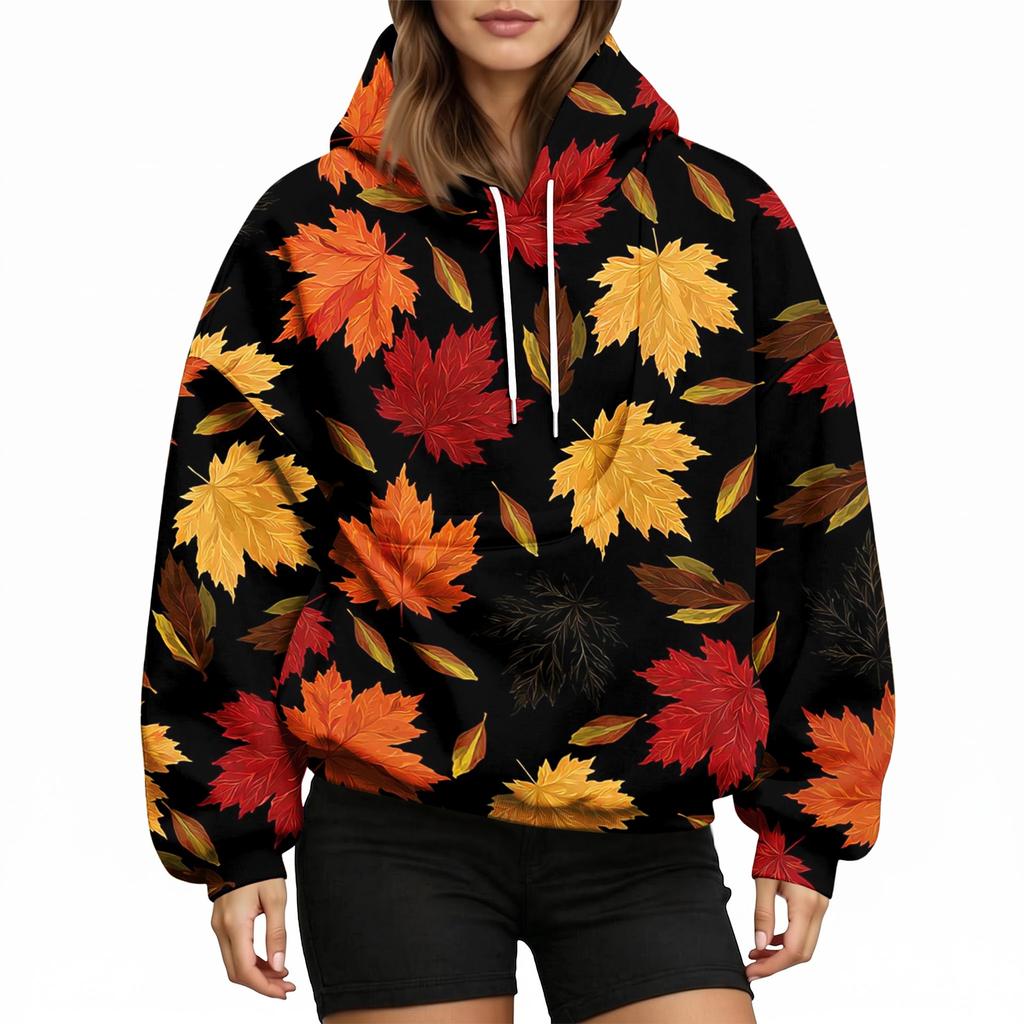 Damen Kapuzenpullover mit Blätterprint und Tasche für Haustiere für Freizeitkleidung