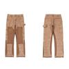 FlowStreet Retro American Torn Fringe Knee Patchwork Micro Flared Black Jeans Youth Fashion Straight Leg Workwear Trousers Wear Resistant