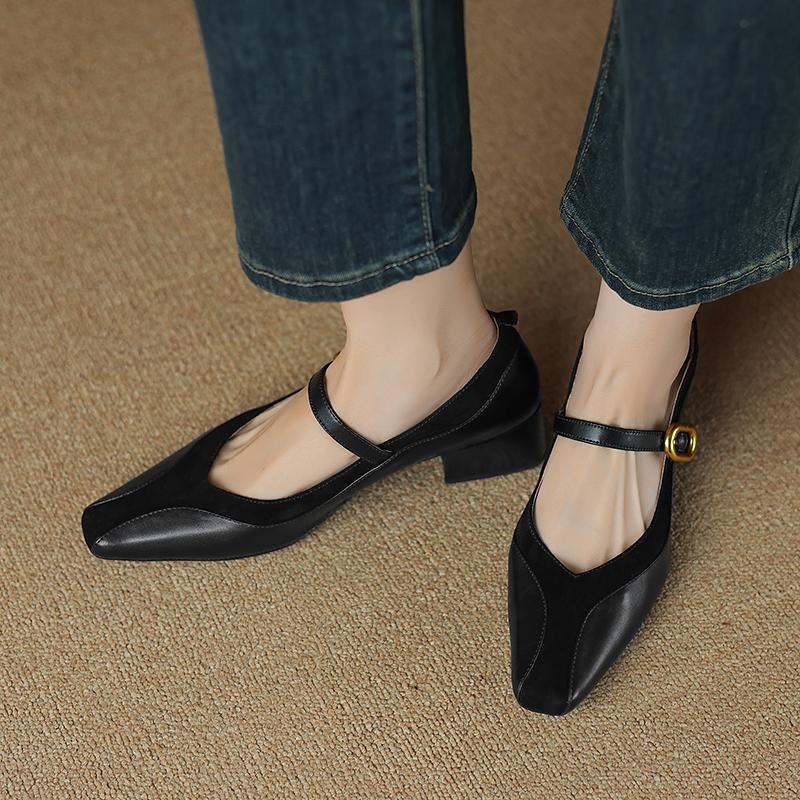 Fashion Women Shoes Pumps Genuine Leather Buckle Strap Thick Mid Heels Shoes Ins Spring 2025 Spring New Vintage Office Dress Size 34-40