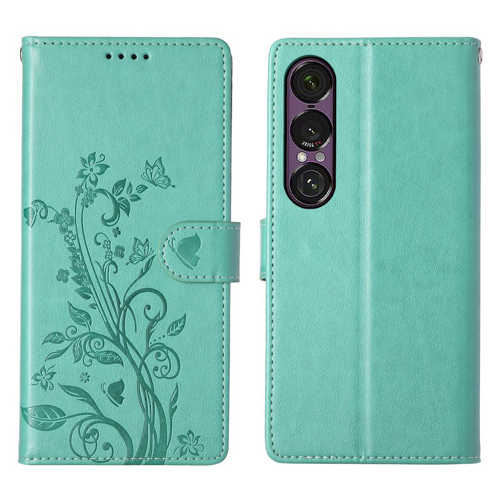 For Sony Xperia 1 VII Wallet Case Butterfly Floral Imprint PU Leather Phone Cover with Wrist Strap