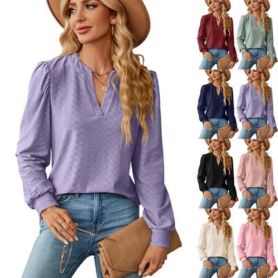 2024 Europeu e americano outono/inverno nova cor sólida decote em V jacquard manga comprida solta camiseta top para mulheres