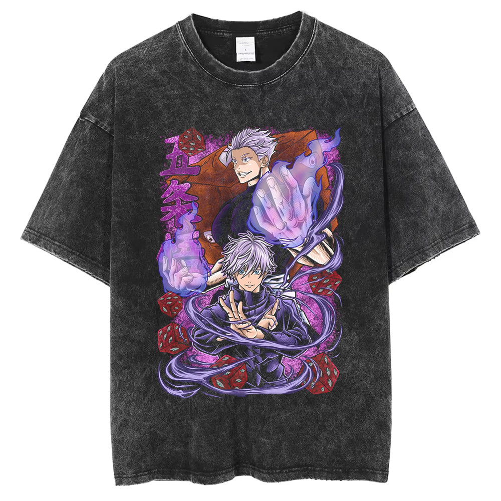 Gojo Satoru Grafické Vintage Prané Pánské Tričko Oversized Y2k Tričko Anime Manga Krátký Rukáv Harajuku Pánské Bavlna Vysoká Kvalita Krátký Rukáv