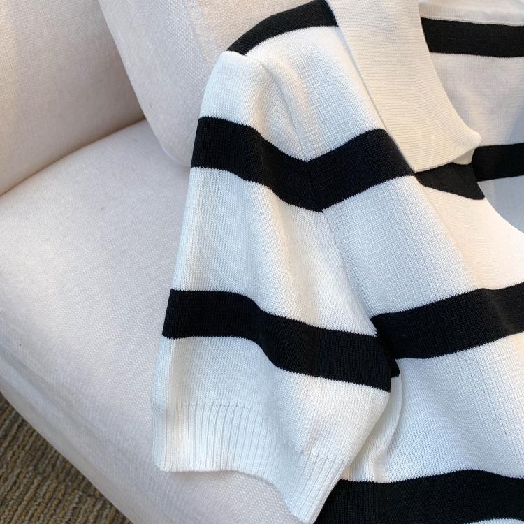 Damen Gestreiftes V-Ausschnitt Kurzarm Eisseide Stricktop