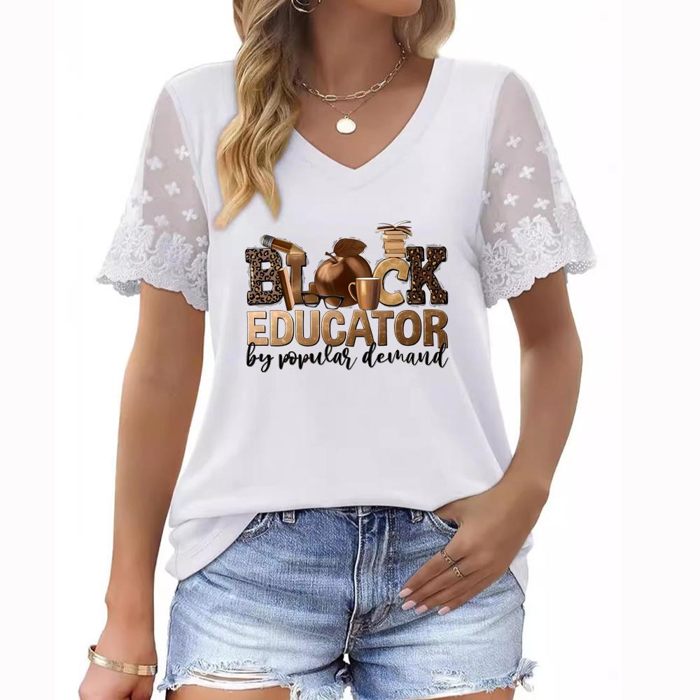 

Женская летняя футболка больших размеров с V-образным вырезом, короткими рукавами, цветочным принтом и кружевными рукавами 3XL