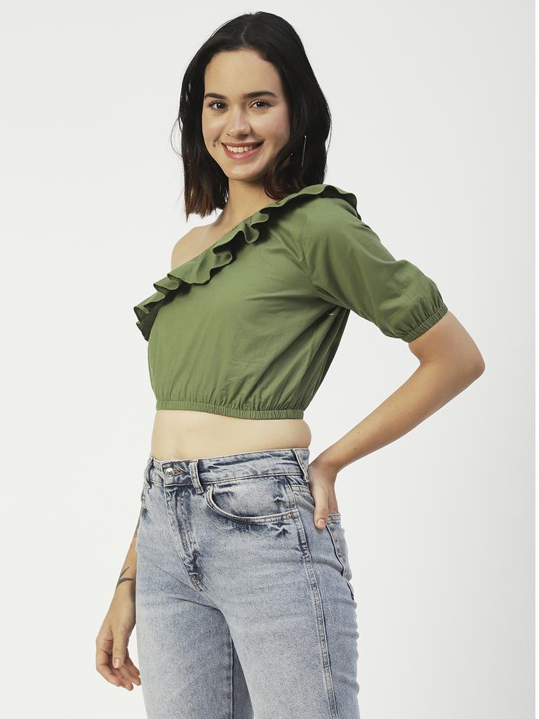 Moomaya Women  S Printed Crop Top, One Shoulder Cotton Casual Summer Top