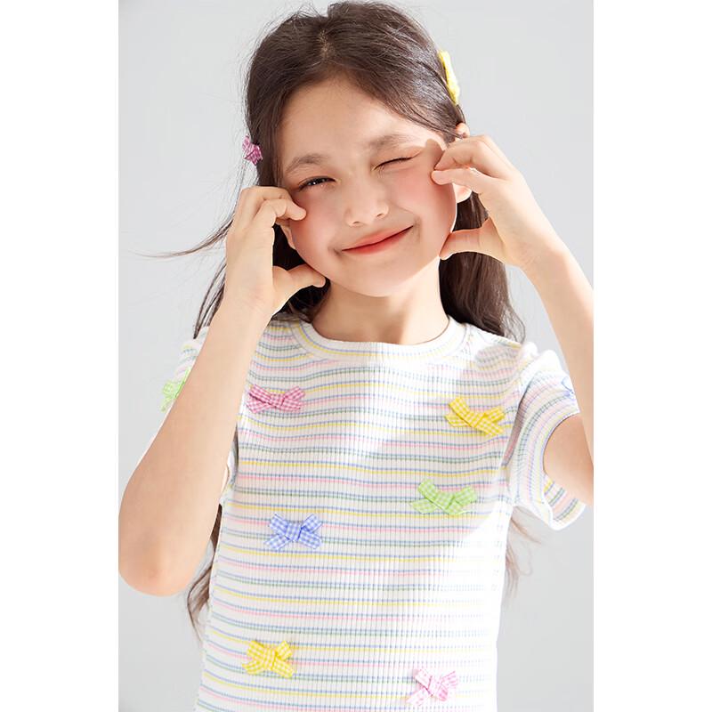 Mucmukn Girls' Rainbow Stripe Ribbed Bow T-shirt