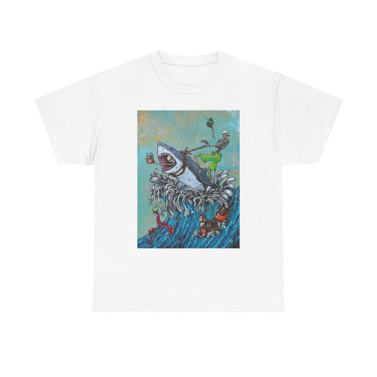 Shark Surfing Graphic T Shirt Funny Unisex Heavy Cotton Tee XXXL