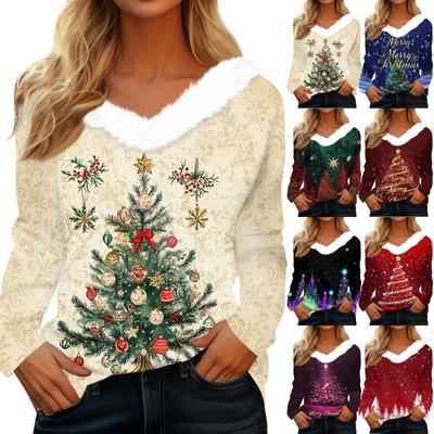 Women's T Shirt Tee Christmas Print Shirt Long Sleeve Party Christmas Fleece Collar V Neck  Top