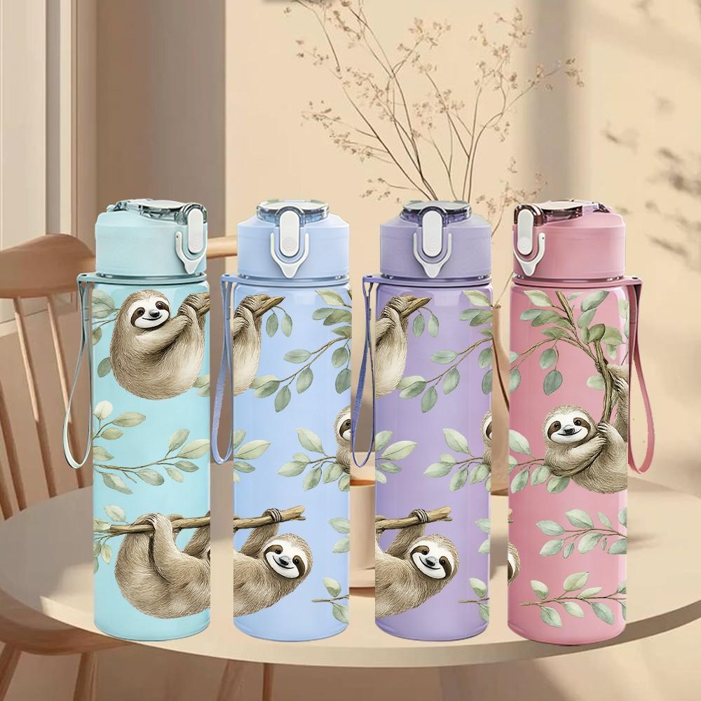 1PC Two Sloth Animal Cartoon Print 750ml Color Plastic Sports Water Bottle Leakproof Flip Straw Lid Suitable for Sports Office Home Use