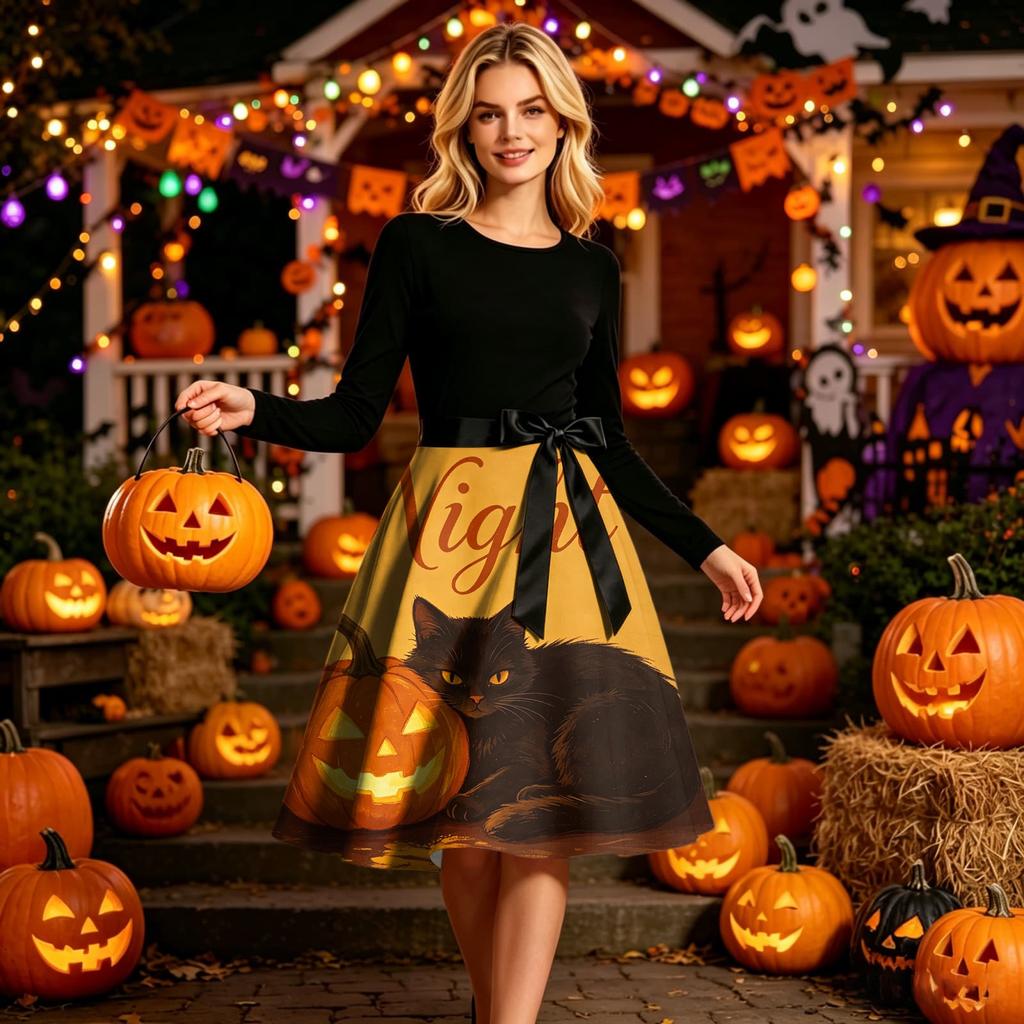 Women's Round Neck Halloween Print Long Sleeve Dress Casual Fall Party Outfit