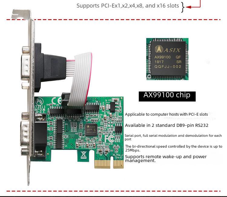 PCI-E To RS232 Dual Port Serial Card for PC Expansion, PCIe 9 Pin DB9 Serial Communication Adapter. Add 2 Serial Ports with This PCIe Card.