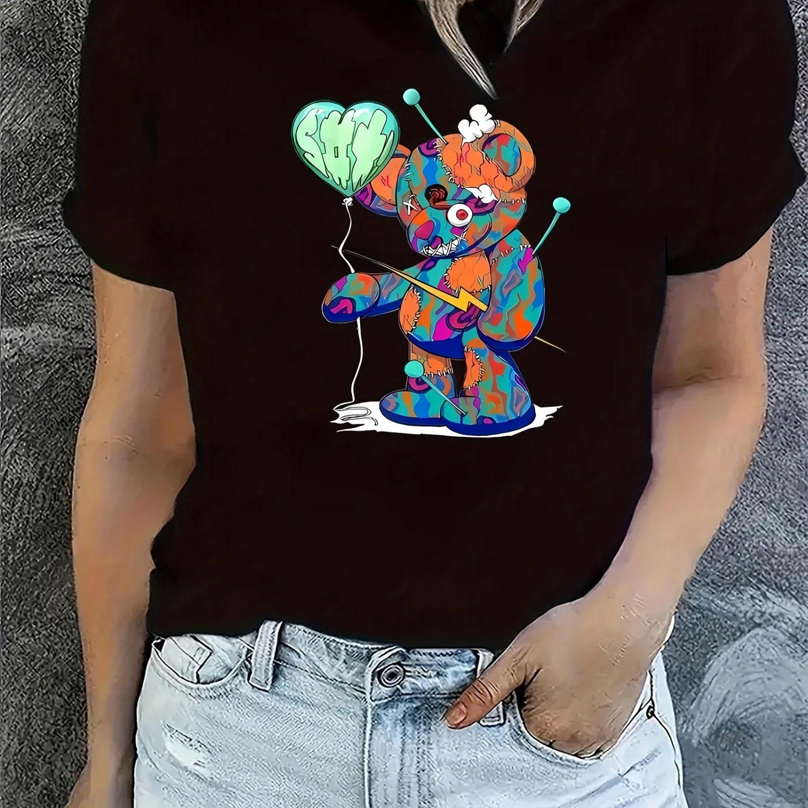 

1pc Women S Fashion Casual Crew Neck T-Shirt with Lightning Heart Bear Print, Knit Fabric, Medium Stretch, Animal Pattern, All-S S