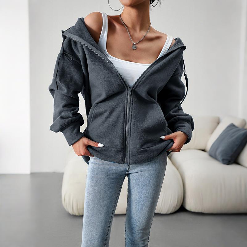 Ladies Spring Autumn Casual Long Sleeve Drawstring Hooded Zipper Solid Color Cardigan Hoodies Sweatshirt Top