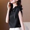 Black Chiffon Summer Blouse Women Sleeveless Bow Tie Slim Fit Casual Elegant Stylish Top