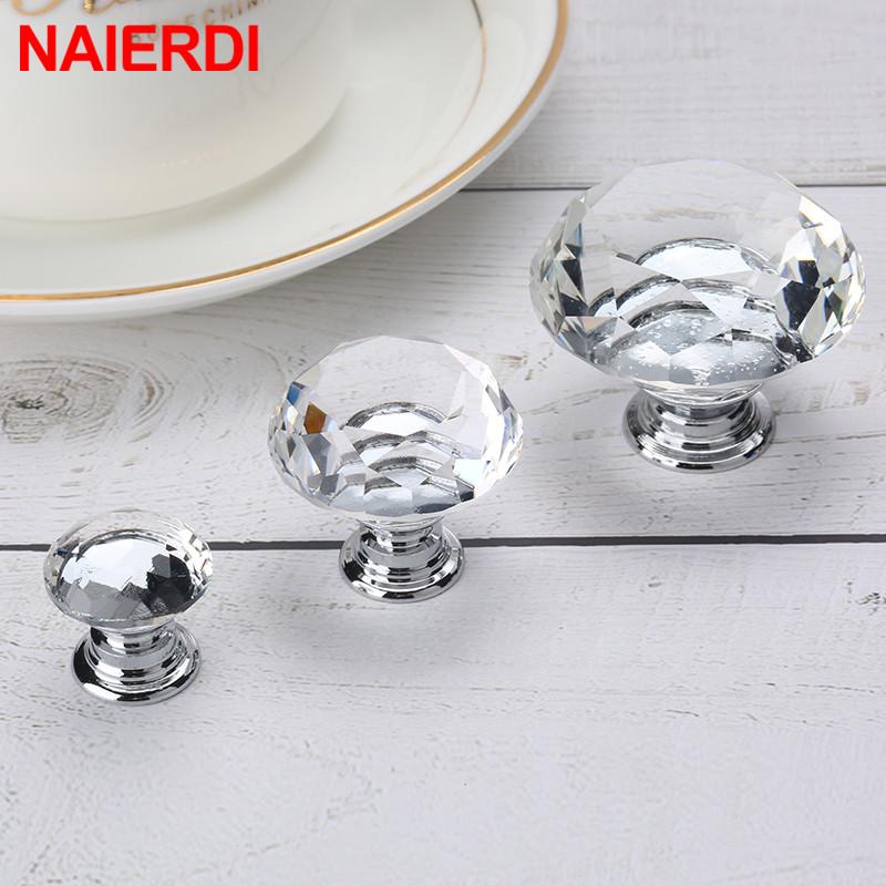 NAIERDI 20mm 30mm Diamond Crystal Glass Knobs Cupboard Pulls Drawer Knobs Kitchen Cabinet Handles Modern Style Furniture Pulls