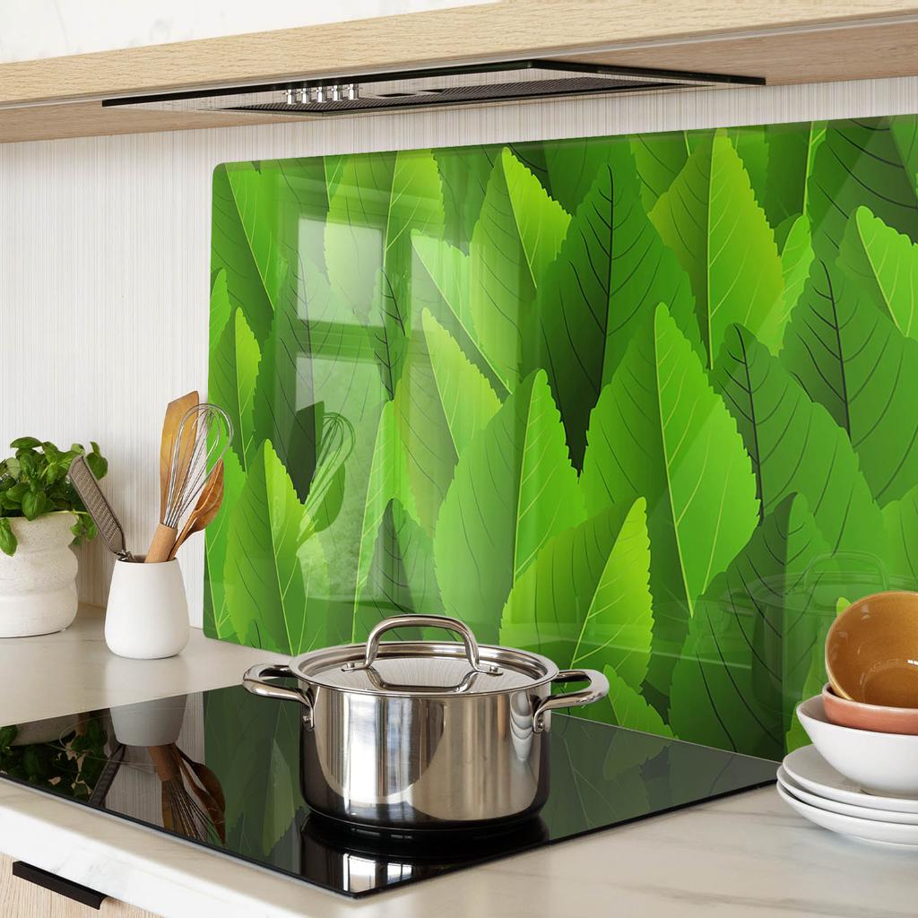 Glass Kitchen Serving Board with Green Leaves Graphic 80x52 cm