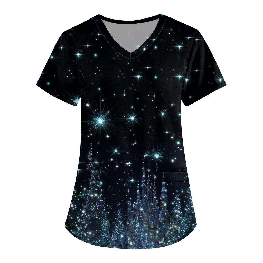 Women's Printing Uniform Work Uniform V-neck Pockets Basic Short Sleeve Pullover Top
