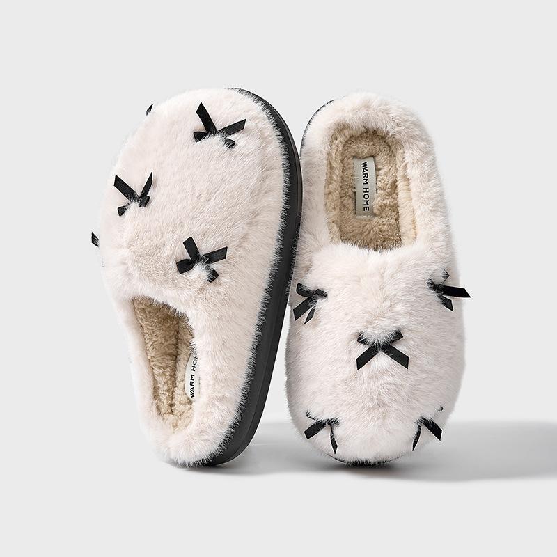 Women Indoor Fluffy Slippers Warm Faux Fur Bow Knot Female Winter Cotton Shoes Soft Plush Girls Home House Floor Slipper