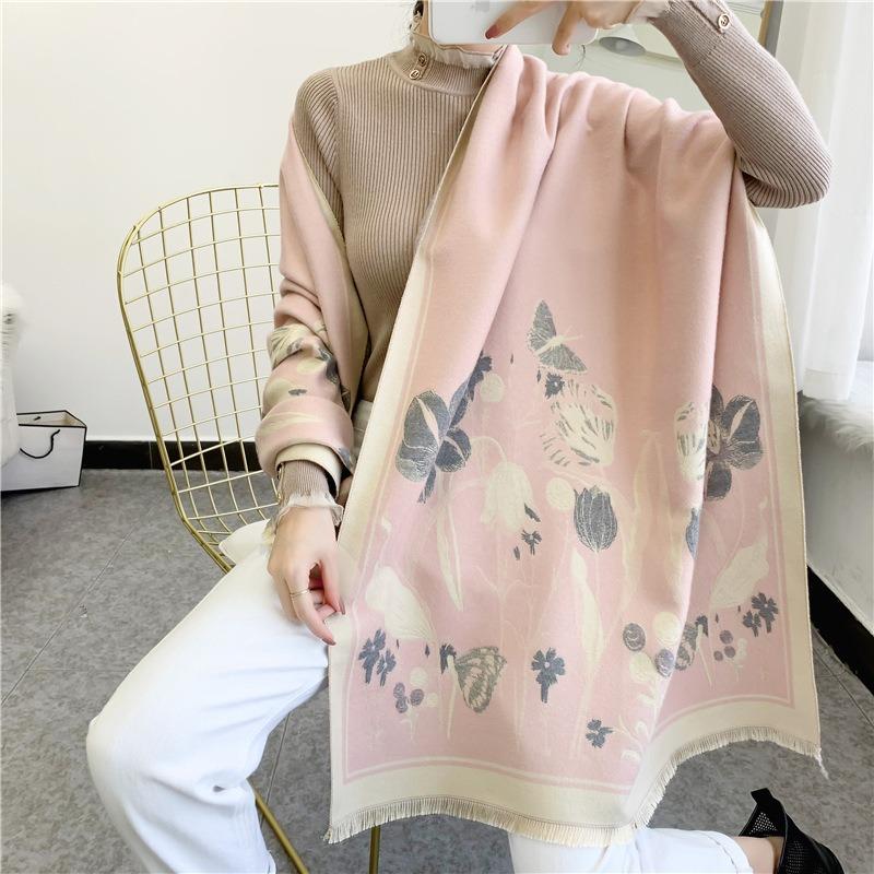 Trendy flower imitation cashmere scarf for women, double-sided long retro tassel warm shawl dual-purpose