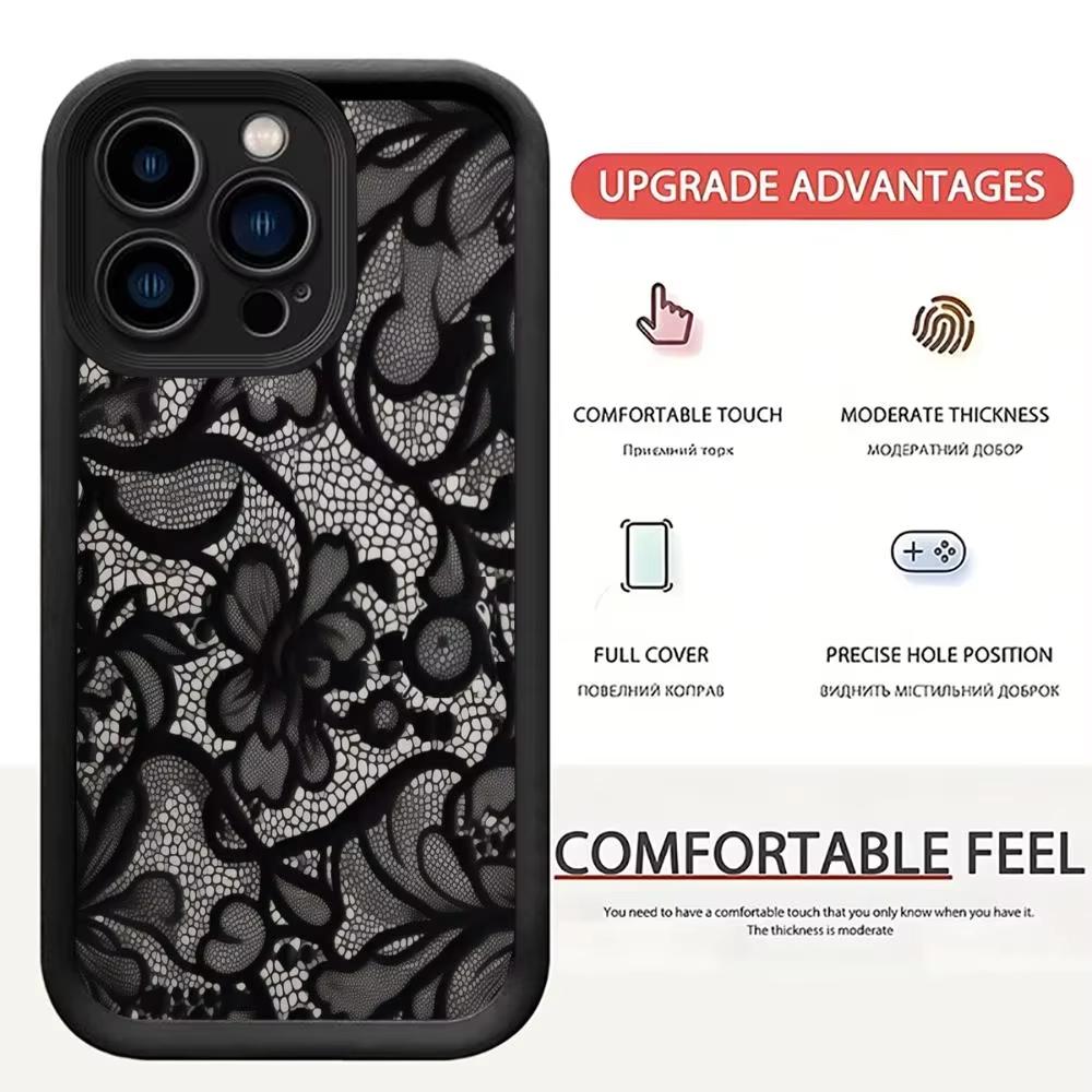 Black Lace Patterned Phone Case For iPhone 17 Pro Max 16E 15 Pro 14 13 12 11 Mini AIR XS XR XS 8Plus Anti Drop And Shockproof