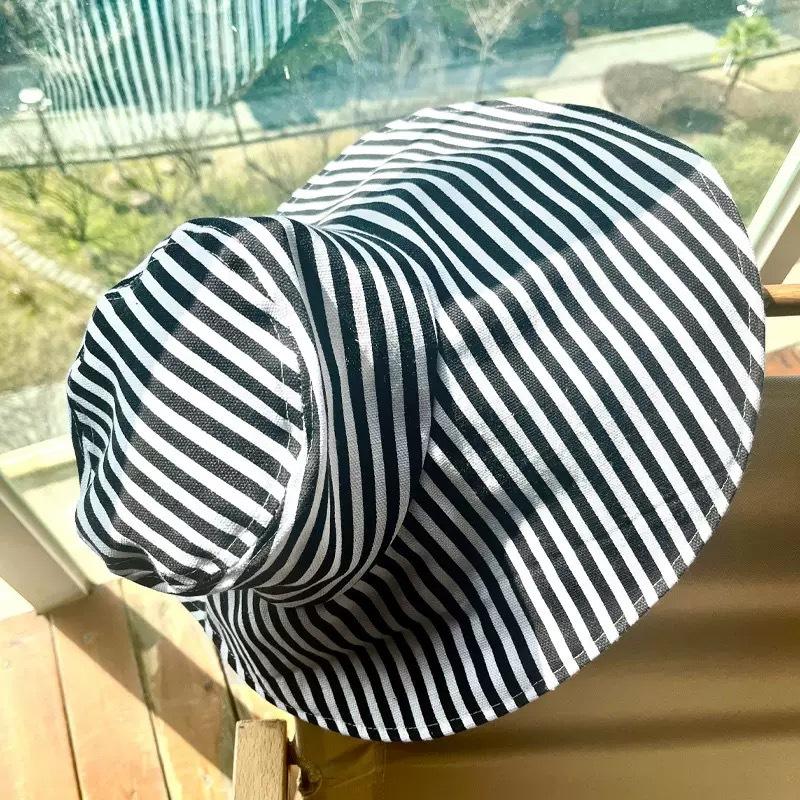 Color Blocking Striped Large Brim Sun Hat Summer Vacation Women Girls Outdoor Beach Bucket Hats Leisure Vacation Style Sun Hat