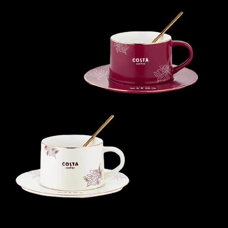 COSTACO KFB001 Ceramic Coffee Cup Set with Spoons (220ml, Set of 2)