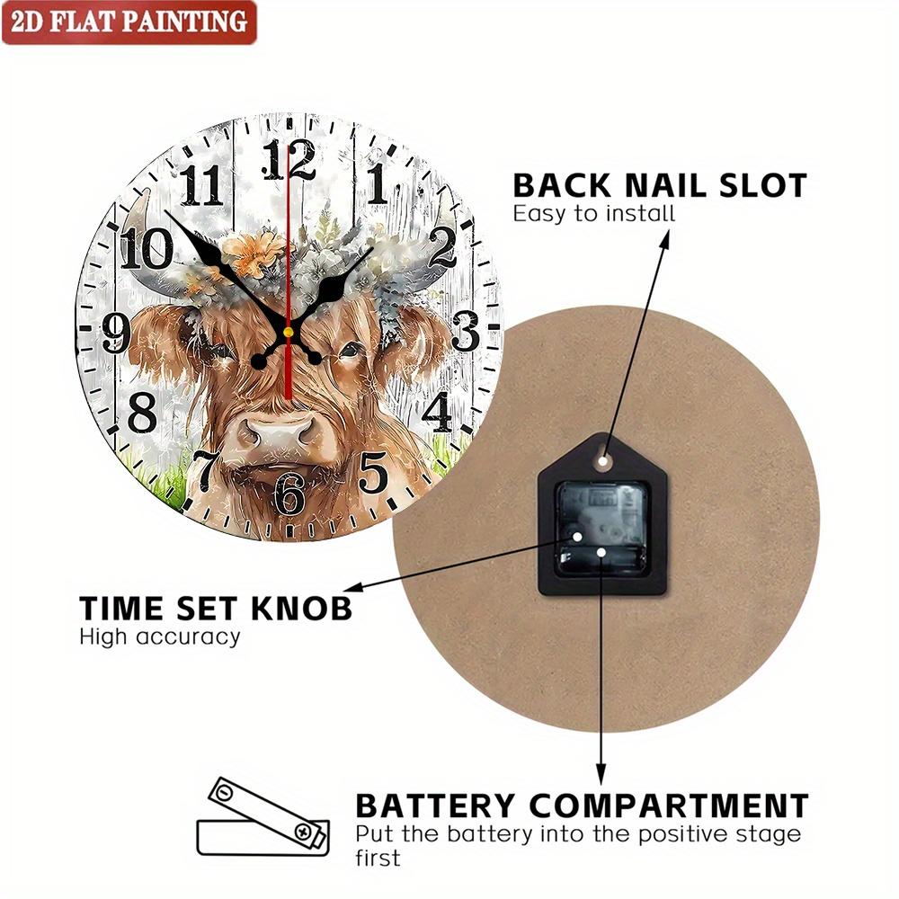 Scottish Highland Cow Wall Clock. Floral Wooden Design for Living Room or Kitchen. A Rustic Gift.