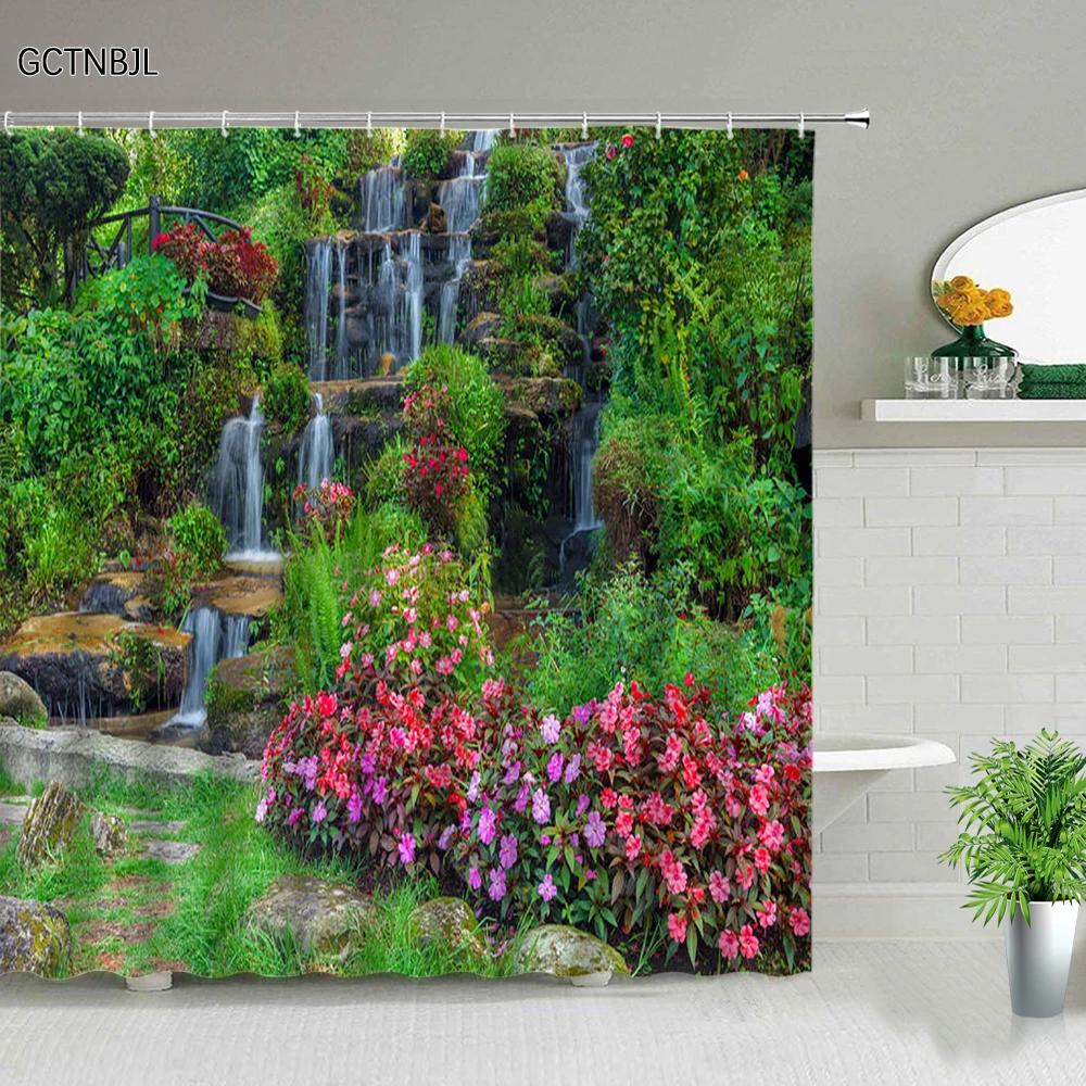 Park Garden Tree Flower Pond Nature Landscape Shower Curtain Bathroom Polyester Waterproof Fabric Curtains Home Bathtub Decor