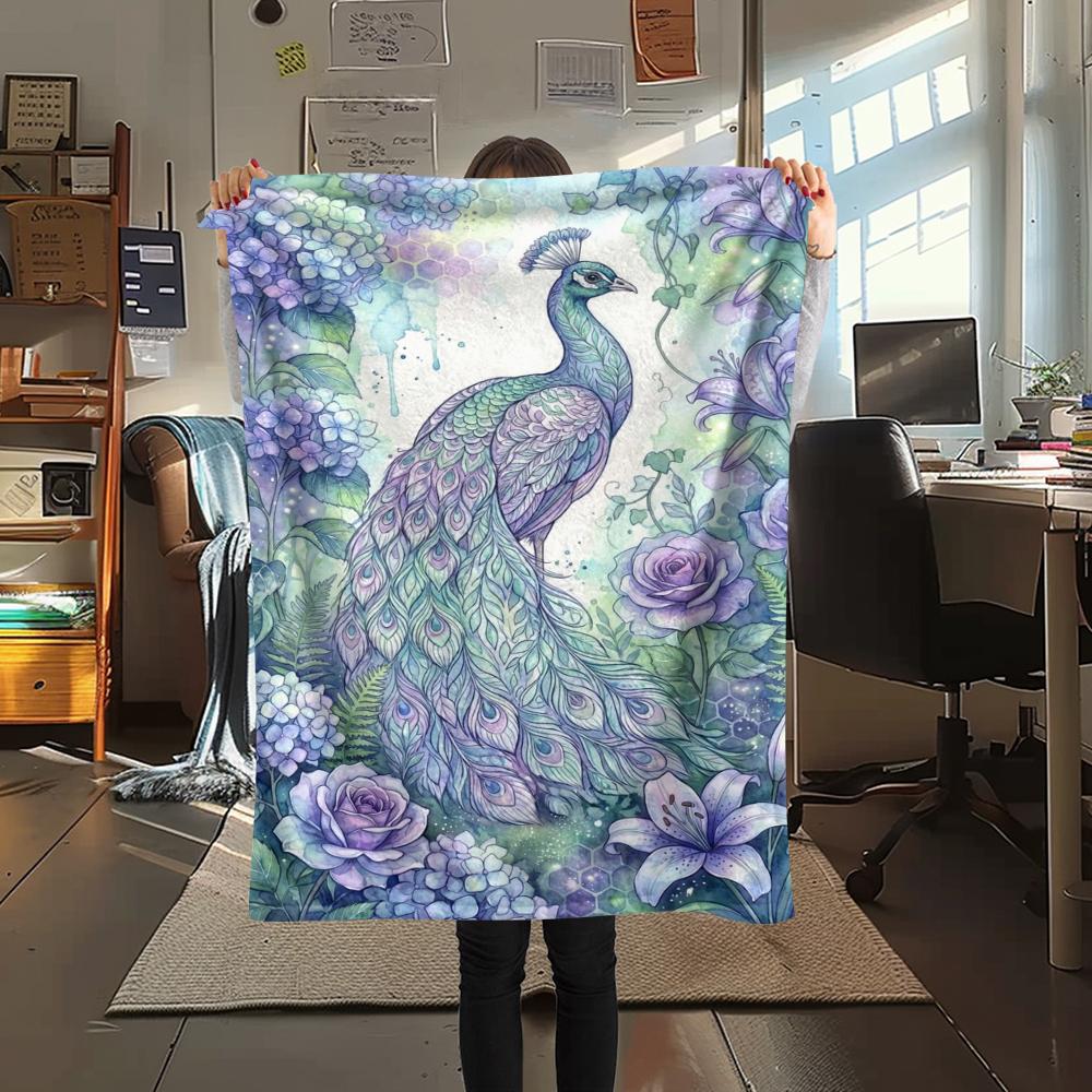 1Pc Peacock Print Flannel Blanket, High quality Comfortable for All Seasons, Home Decor, Warmth and Comfort, Perfect for Christmas Gifts W121