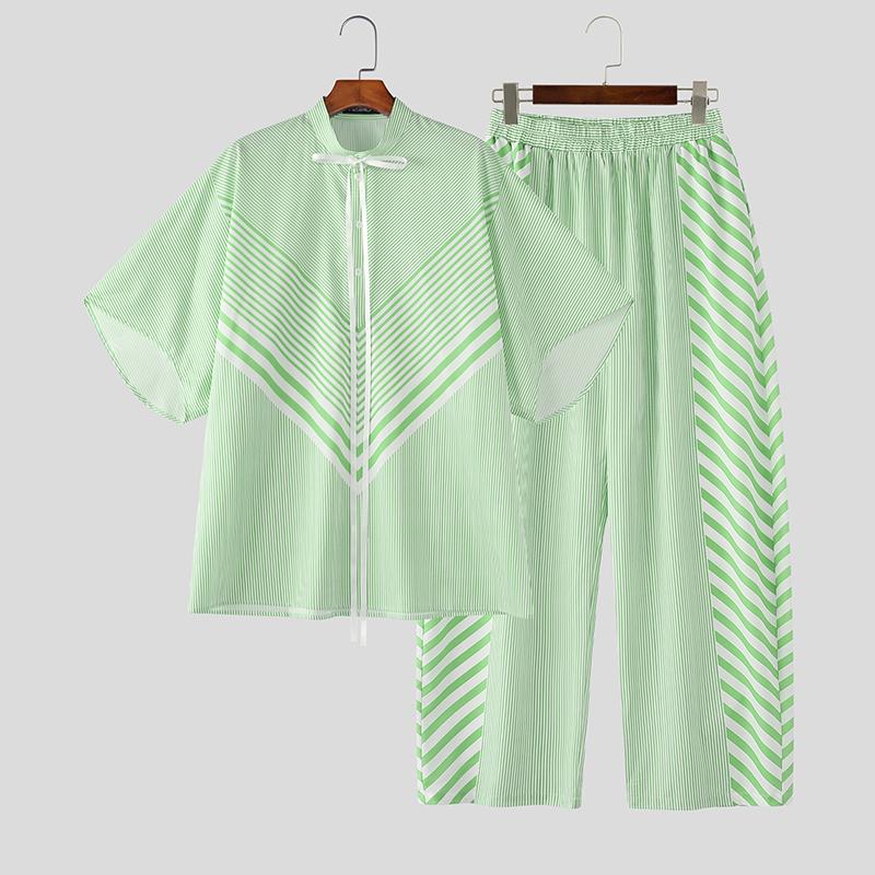 

INCERUN 2PCS Summer Men Short Sleeve Striped Stitching Shirts and Long Pants Oversized Outfits Sets 4XL зелёный