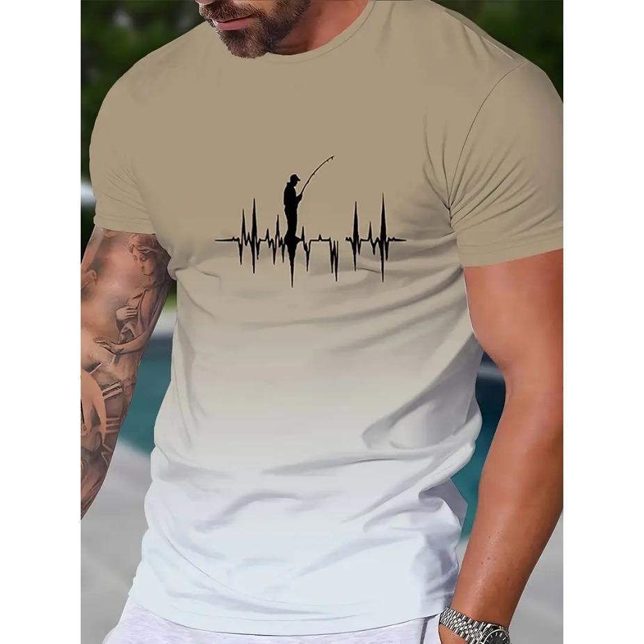Fishing Print T-shirt, Men's Casual Street Style Stretch Round Neck Tee Shirt for Summer, Fishing Gear