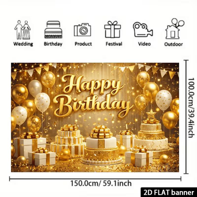2D Gold Happy Birthday Backdrop Banner Glitter Balloon Cake Party Background Decor