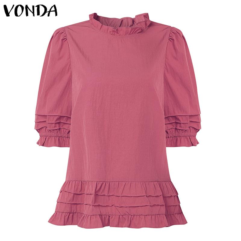 VONDA Women Casual Ruffled Round Neck Summer Short Puff Sleeve Pleating Blouse