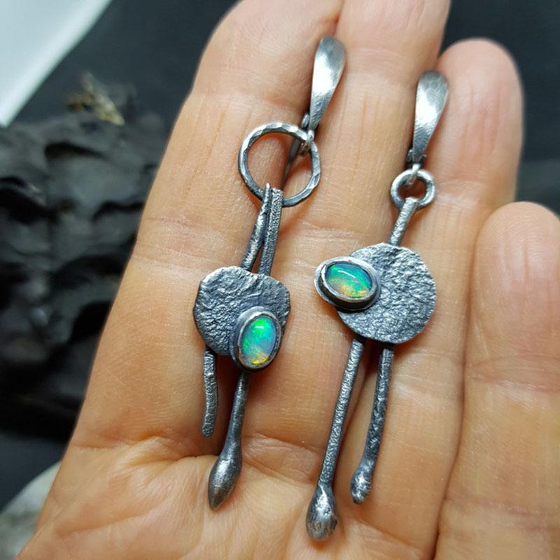 

Vintage Tribal Hollow Round Irregular Pendant Earrings Ancient Old Metal Fire Opal Earrings Pendant Earrings Women Zircon