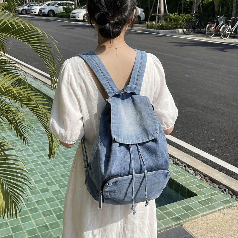 Schoolbag Japanese Casual Art Backpack Women's Large Capacity Denim Canvas Travel Backpack Student Drawstring Bag Cover School Bag
