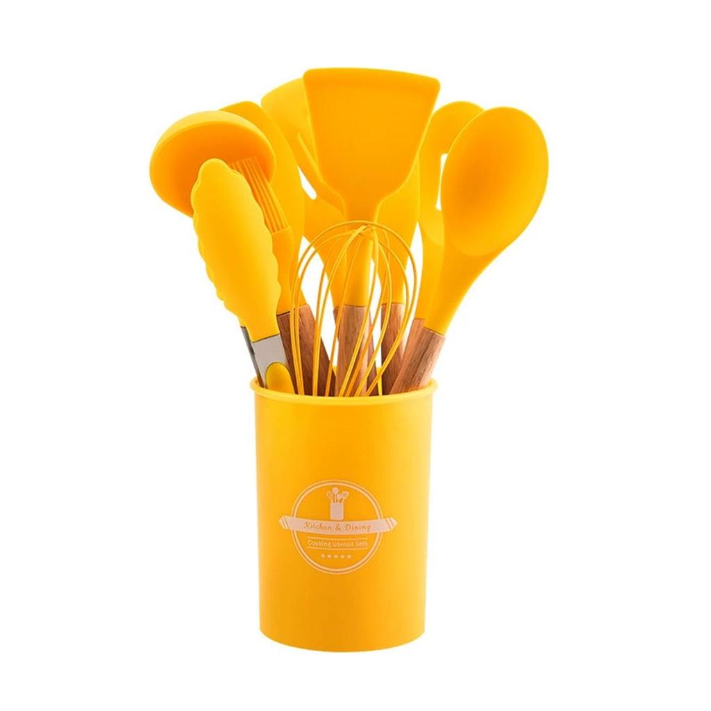 12-Piece Silicone Kitchenware Set with Wooden Handles - Non-stick and Heat Resistant Spatula & Soup Ladle