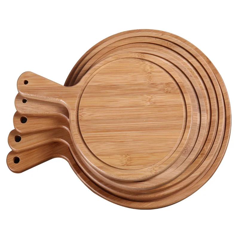 Bamboo-wood pizza tray round handle Japanese-style household western-style steak tableware Pizza tray bottom supports solid wood