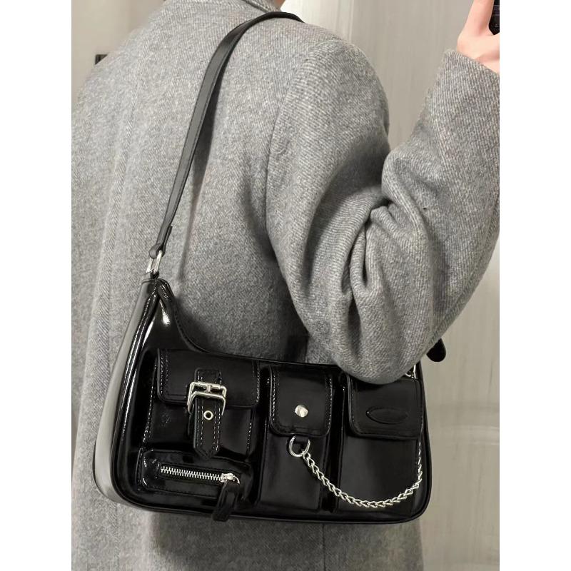 Women's Bag, Single-shoulder Bag, Black Millennial Girl Underarm Bag, Niche Hong Kong-style Motorcycle Bag, Multi-pocket Messenger Bag