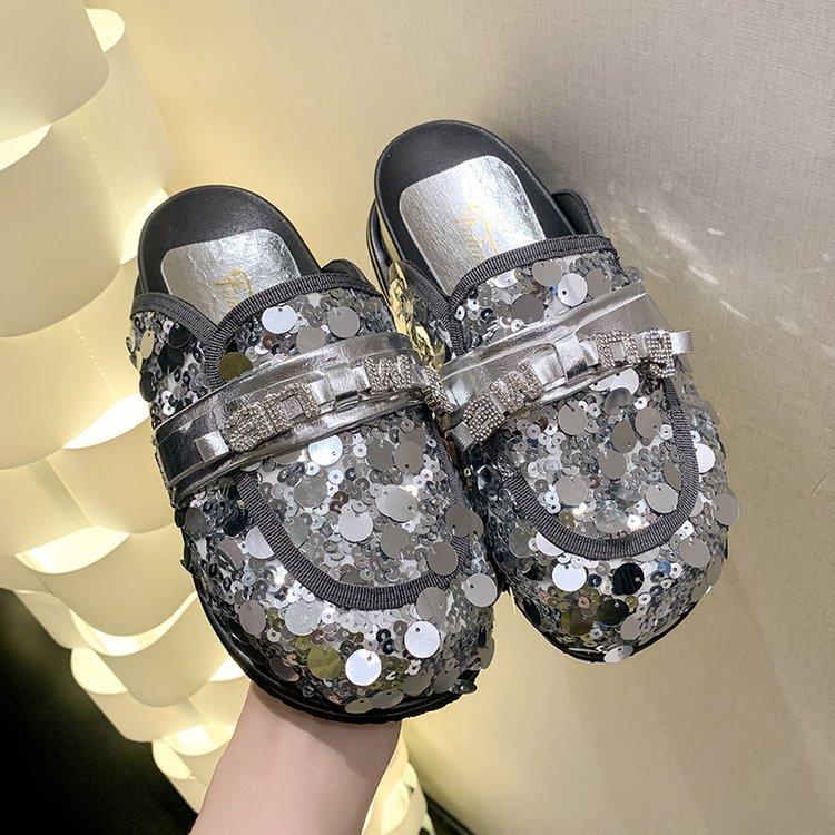 Doll Head Sequined Bag Head Half Slippers Women's 2025 Spring New Versatile Rhinestone Platform Lazy Shoes Cool Slippers Tide