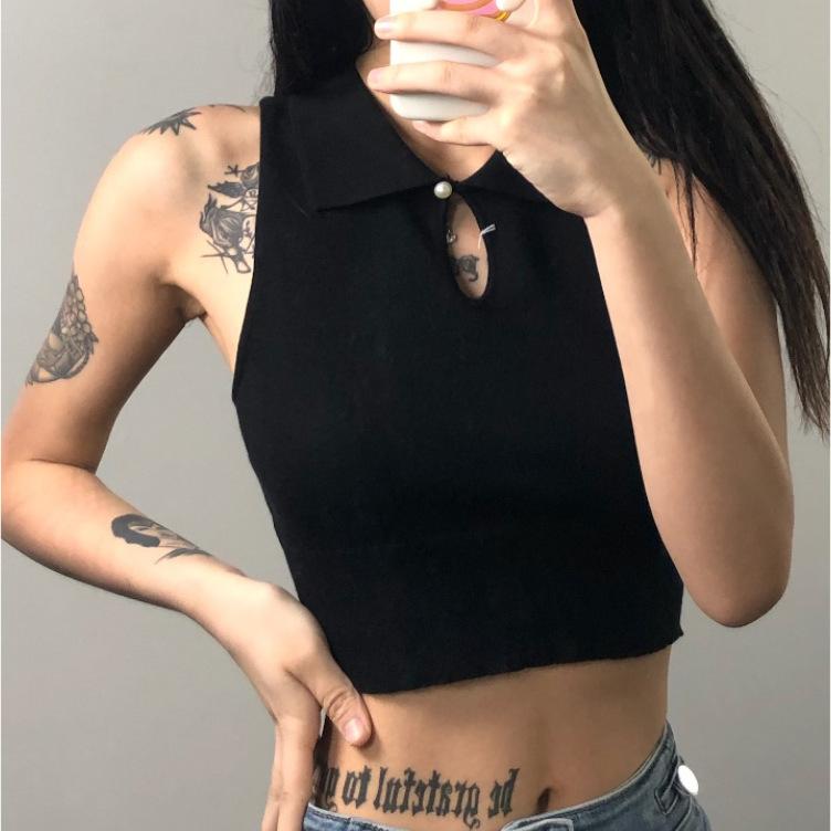 New Summer Short Lapel with A Button Hollow Knitted Sleeveless Vest Simple Ins Body Top